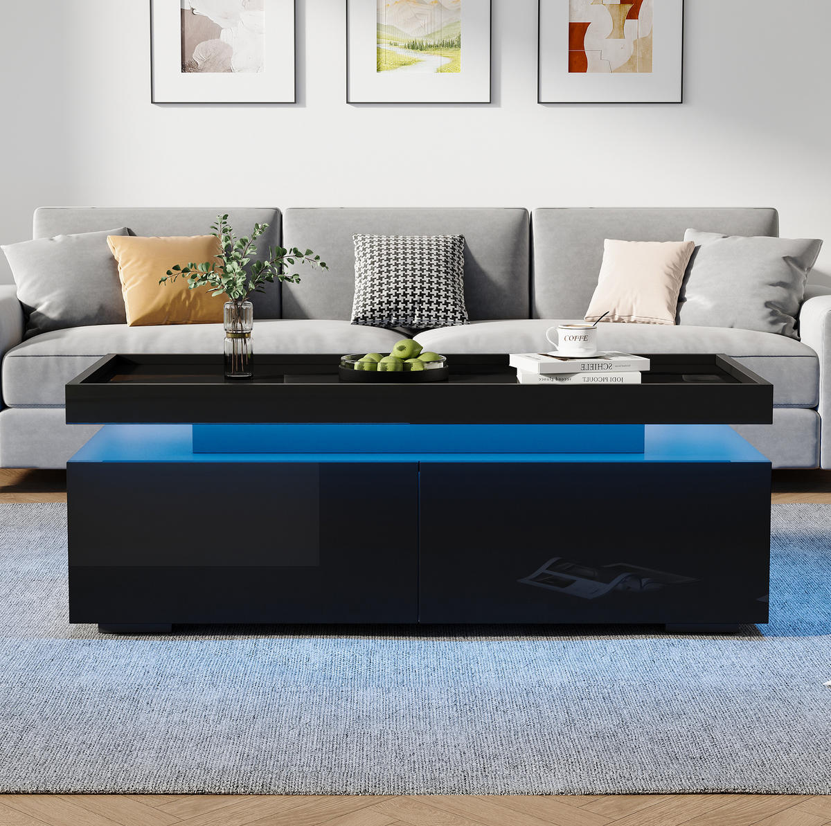 COUCHTISCH aus Spanplatte 95x45x35 cm Schwarz mit LED-Beleuchtung und 2 Schubladen - Schwarz, Holzwerkstoff (95/45/35cm) - IVMEU