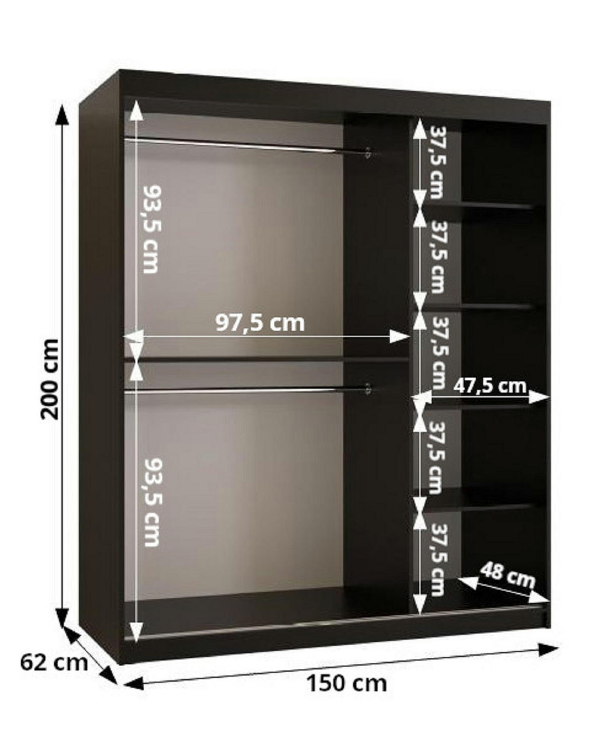 SCHWEBETÜRENSCHRANK 200/150/62 2-türig - Schwarz, Holz/Kunststoff (150/200/62cm) - Abiks Möbel