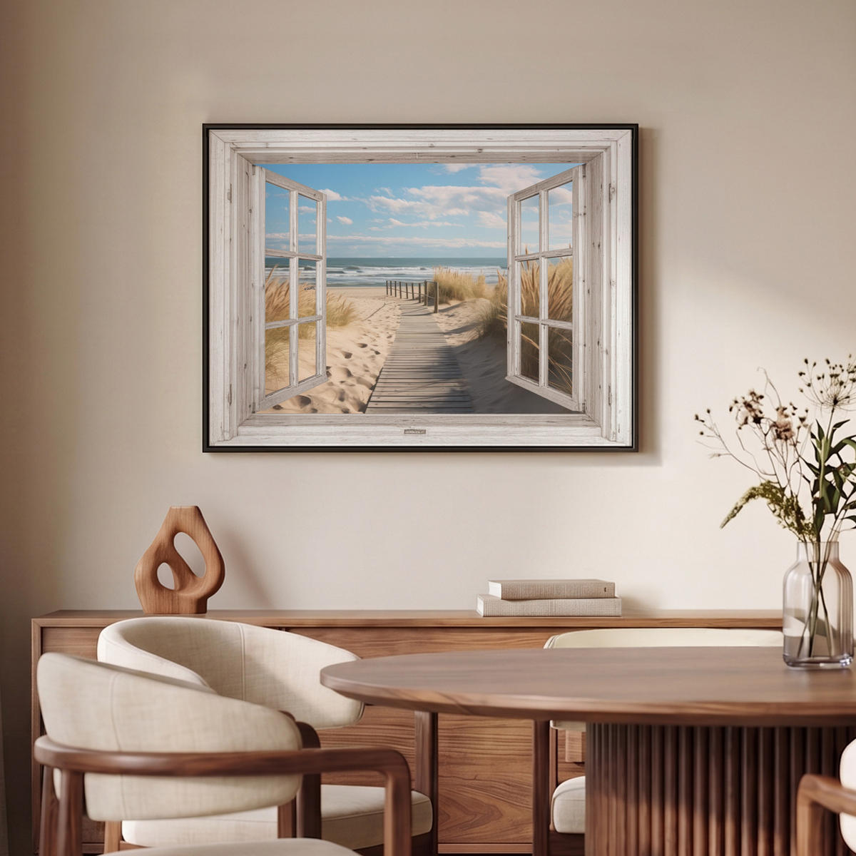 LEINWAND Bilder mit Rahmen - Fenster - Meer - Küste - Natur - Ausblick - Strand - Wattenmeer - 80x60 - Beige, Textil (80/60cm) - MuchoWow
