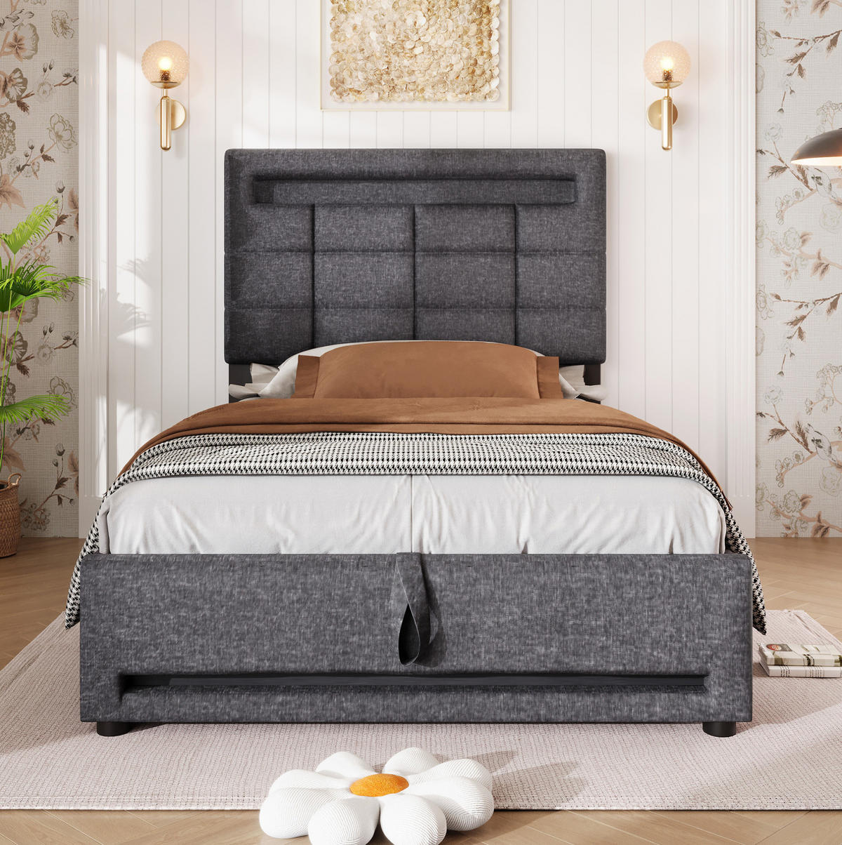 POLSTERBETT mit Stauraum, LED und USB 90x200 cm Leinen Grau - Grau, Metall (90/200cm) - Meubliv