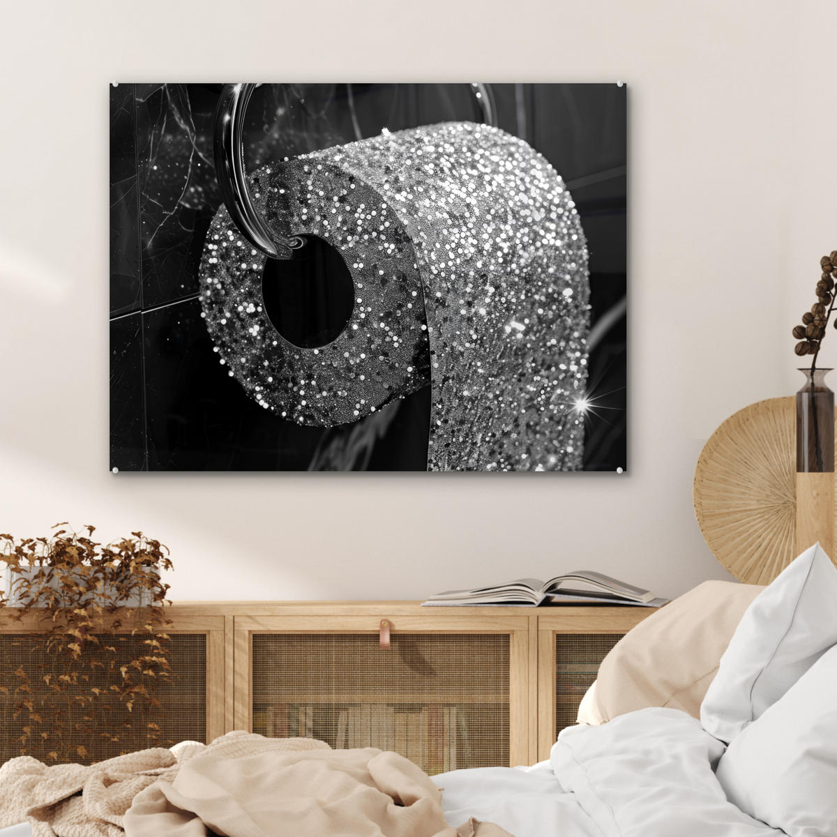 ACRYLGLASBILD WC - Toilettenpapier - Schwarz und weiß - Glitter 80x60 cm - Silberfarben, Glas (80/60cm) - MuchoWow