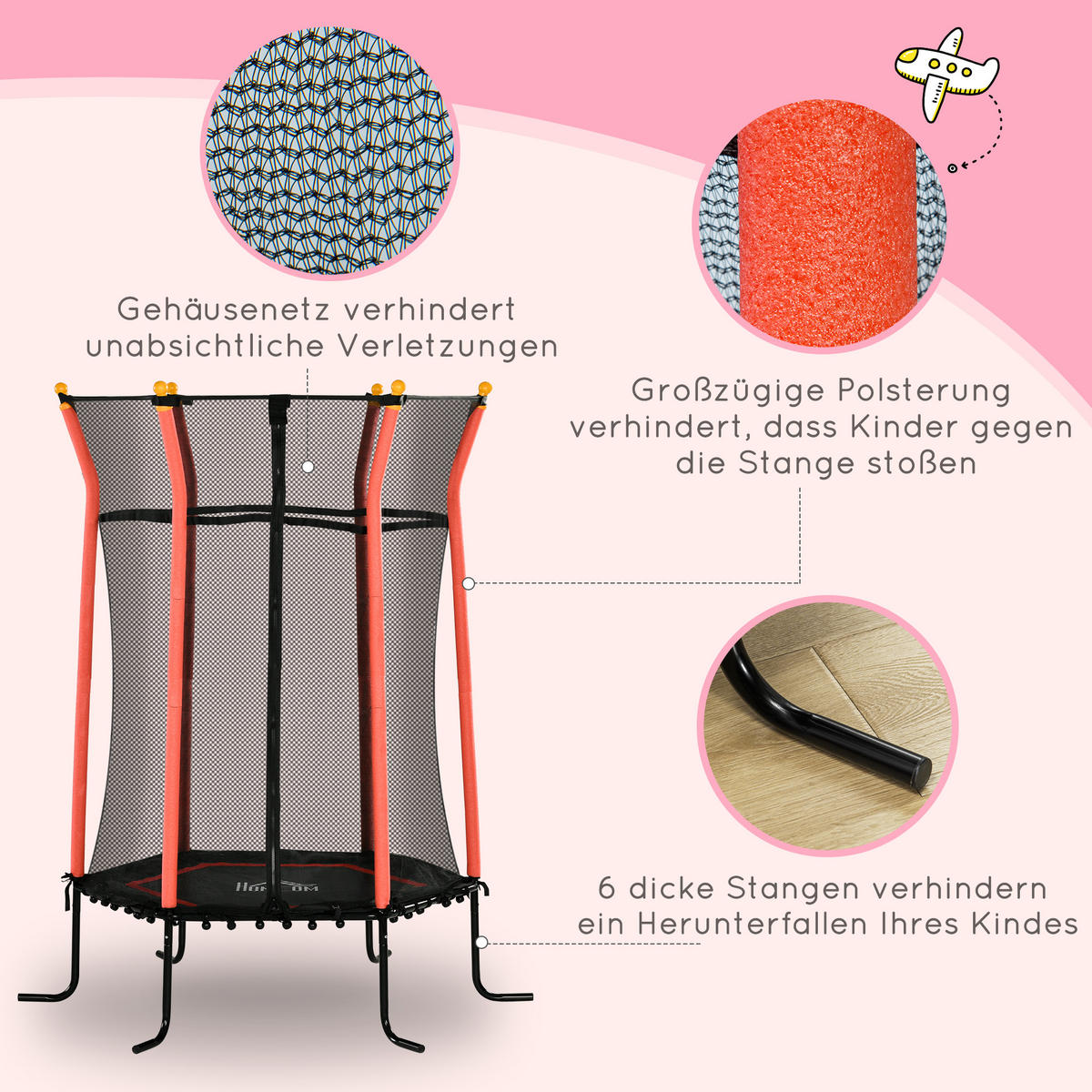 KINDER Trampolin Ø163,5 cm, Indoor Trampolin, Kindertrampolin bis 50 kg Rot - Rot, Kunststoff/Metall (163.5/163.5cm) - HOMCOM