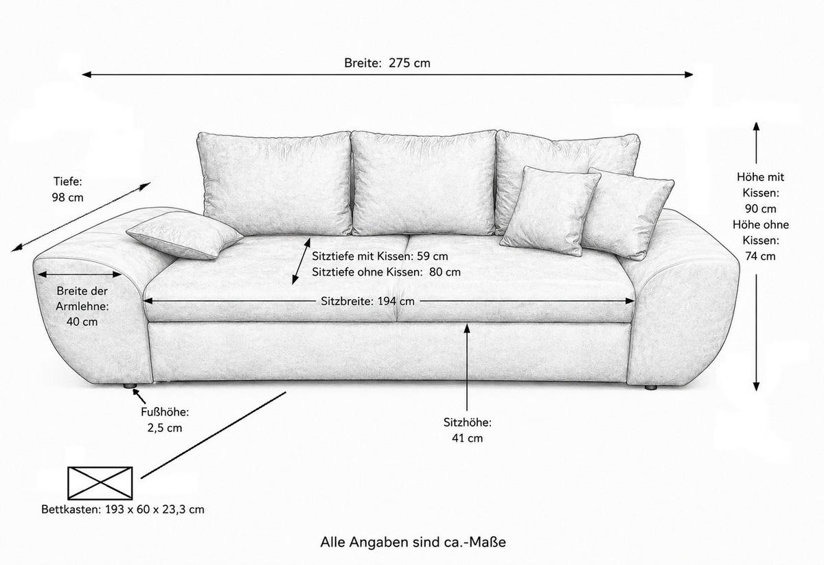 BIG-SOFA mit Schlaffunktion, Bettkasten, Wellenunterfederung B275/T98/H90 cm, Liegefläche 148x194 cm, Mikrofaser Leder-Optik Vintage Braun / 18008 - Dunkelbraun/Schwarz, Kunststoff/Textil (275/90/98cm) - luma-home
