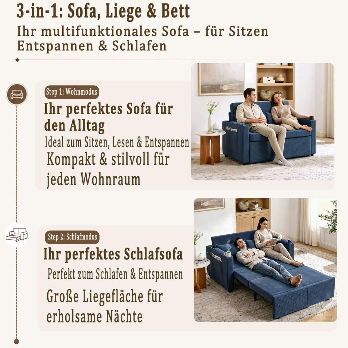 SCHLAFSOFA 3-in-1 aus Holz und Stoff mit USB-Ladefunktion Blau - Dunkelblau, Holz (134/73/195cm) - Modenvie