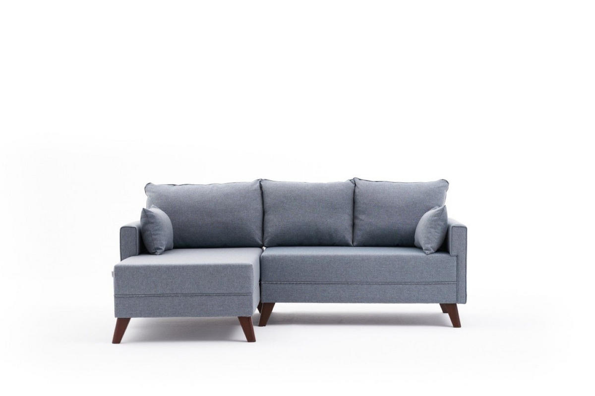 ECKSOFA mit Hocker als Schlaffläche, perfekt für kleine Räume - Blau/Walnussfarben, Holz/Kunststoff (205/140cm) - myHomelando