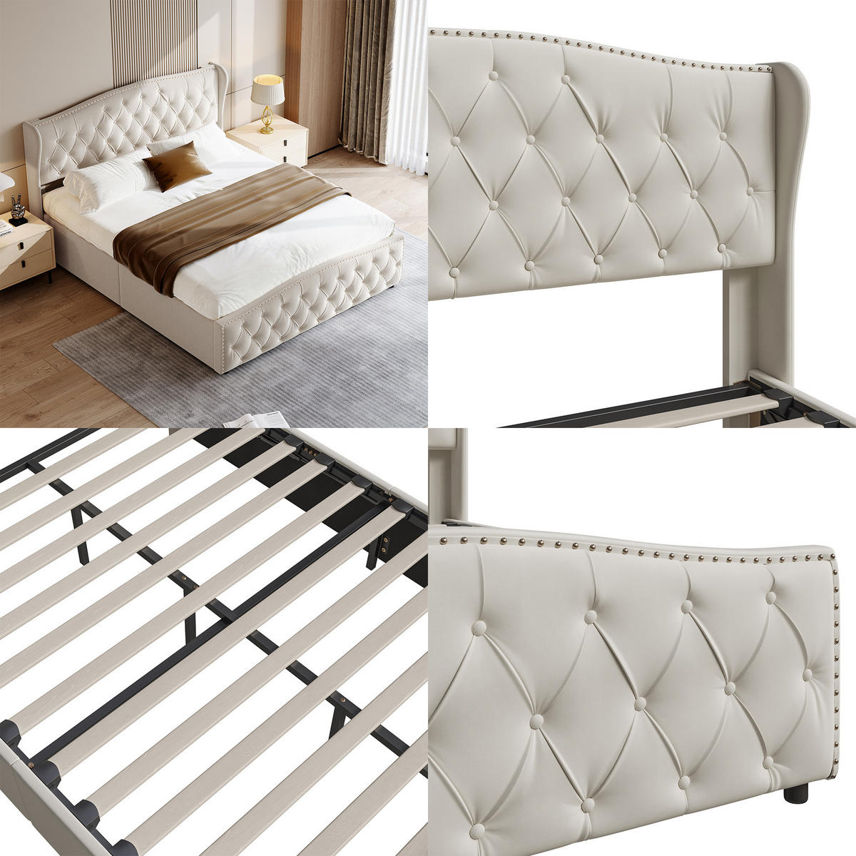 POLSTERBETT 160x200 cm mit Bettkasten, Doppelbett mit Kopfteil, Lattenrost und Stauraum, Samt Beige - Beige, Holz/Textil (160/200cm) - GENKI LIVING