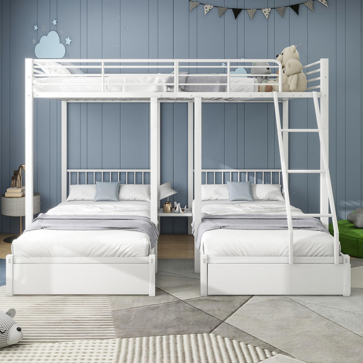 ETAGENBETT 140/200 cm weiß aus Metall mit 2 Schubladen teilbar - Weiß, Metall (140/200cm) - OKWISH