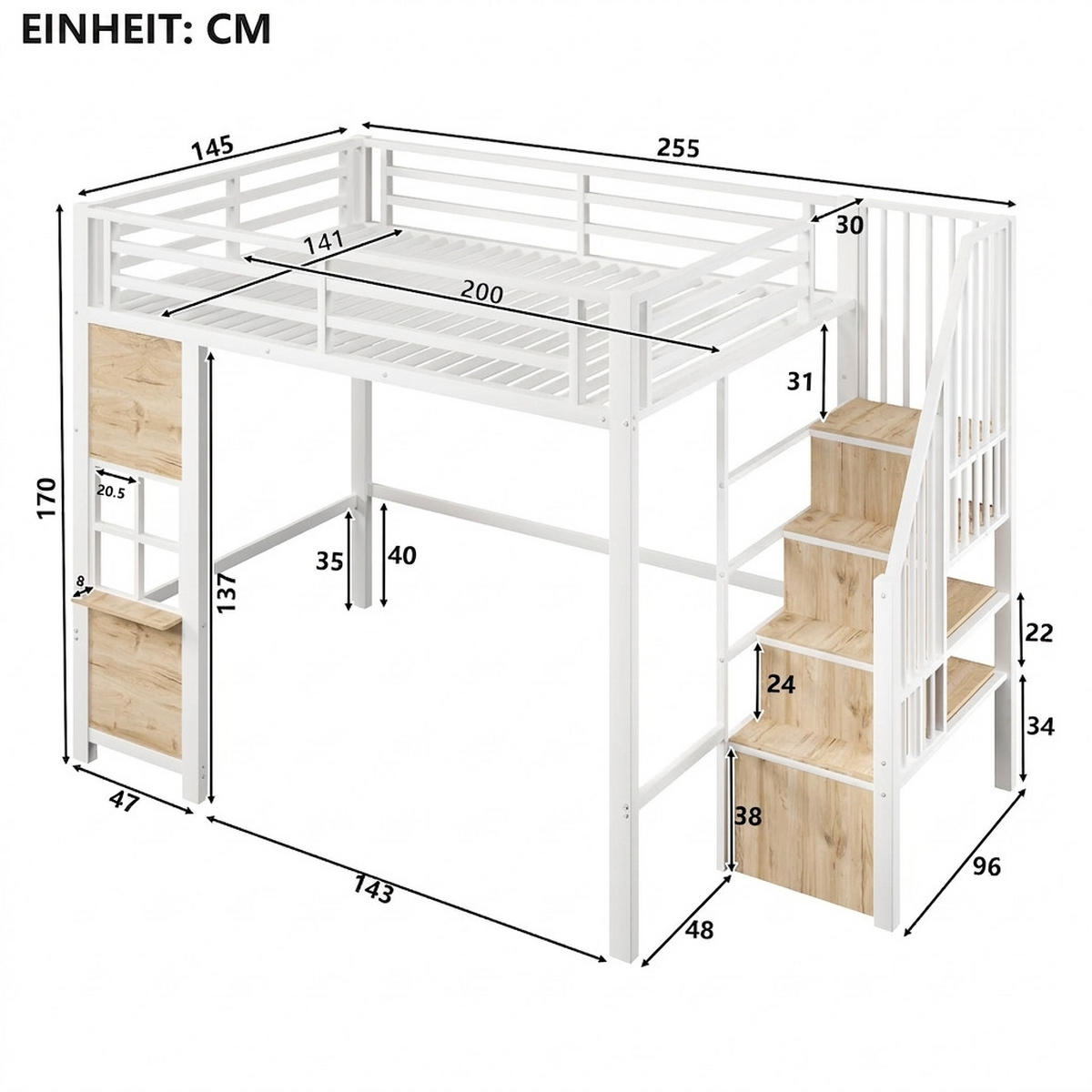HOCHBETT 140/200 cm Weiß mit Stauraumtreppe und offener Stauraum - Weiß, Metall (140/200cm) - Oxeza