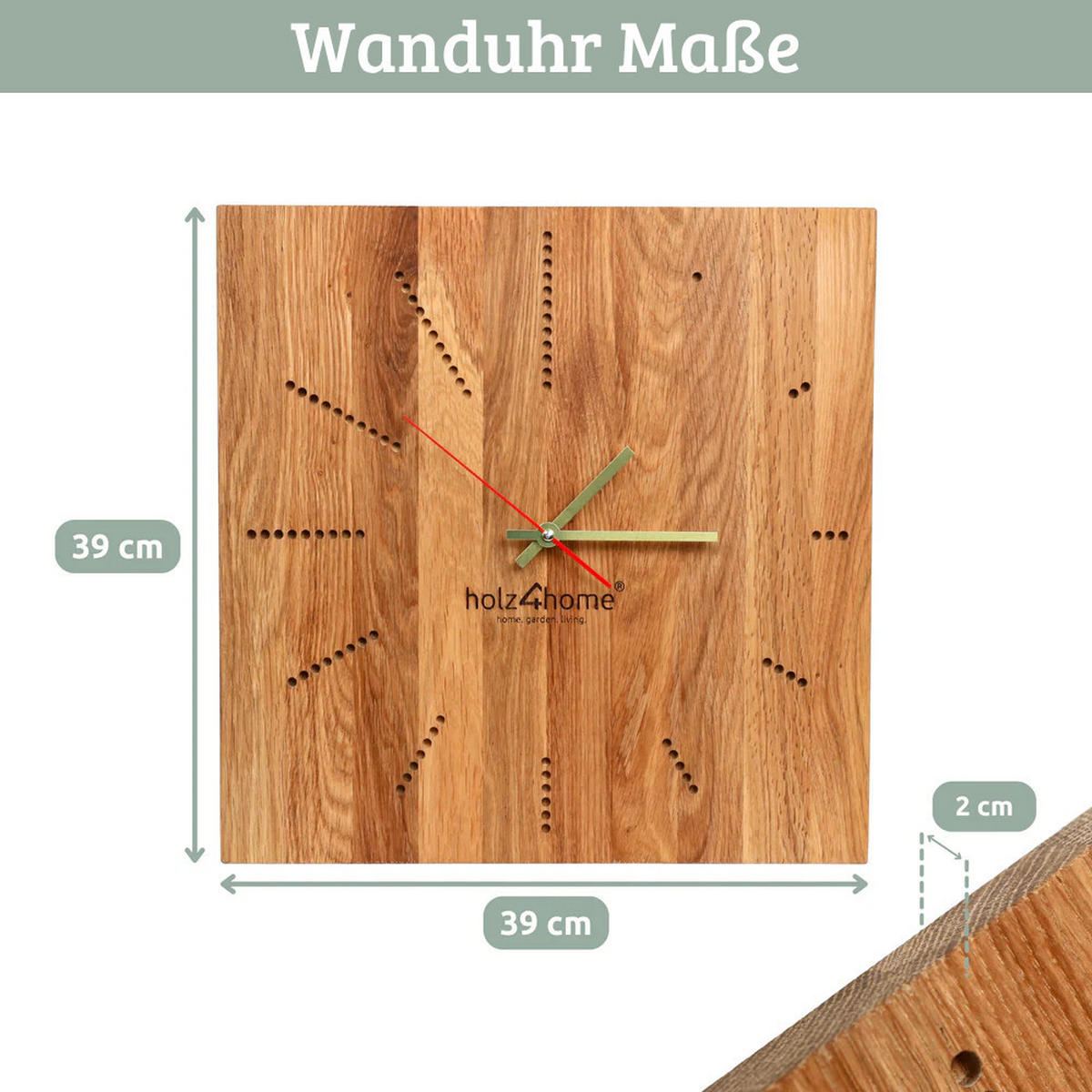 WANDUHR groß Holz INA EICHENHOLZ 39x39 cm Massivholz Geräuschlos - Braun, Holz (39/39/2cm) - DELUKE