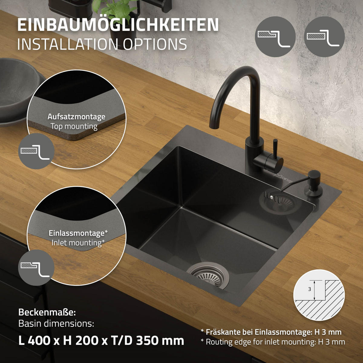 SPÜLBECKEN Edelstahl 45/45cm Anthrazit - Anthrazit, Metall (45/20/45cm) - ML-DESIGN