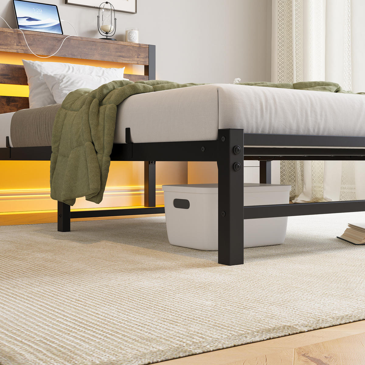 METALLBETT 90/200 cm Braun mit LED-Beleuchtung, USB-Ladestation und Stauraum unter dem Bett - Braun, Metall (90/200cm) - Oxeza