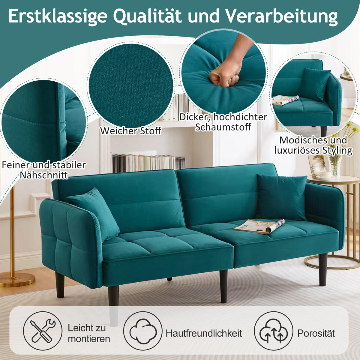 SCHLAFSOFA Samtbezug mit verstellbaren Rückenlehnen und klappbaren Armlehnen Antik Blaugrün 176/78/76 cm - Grün, Textil (78/76/176cm) - Redom