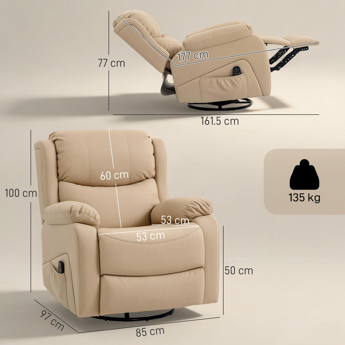 MASSAGESESSEL,8 Massagepunkte Heizung Fußstütze,beige - Beige, Textil (85/100/97cm) - Vallsero
