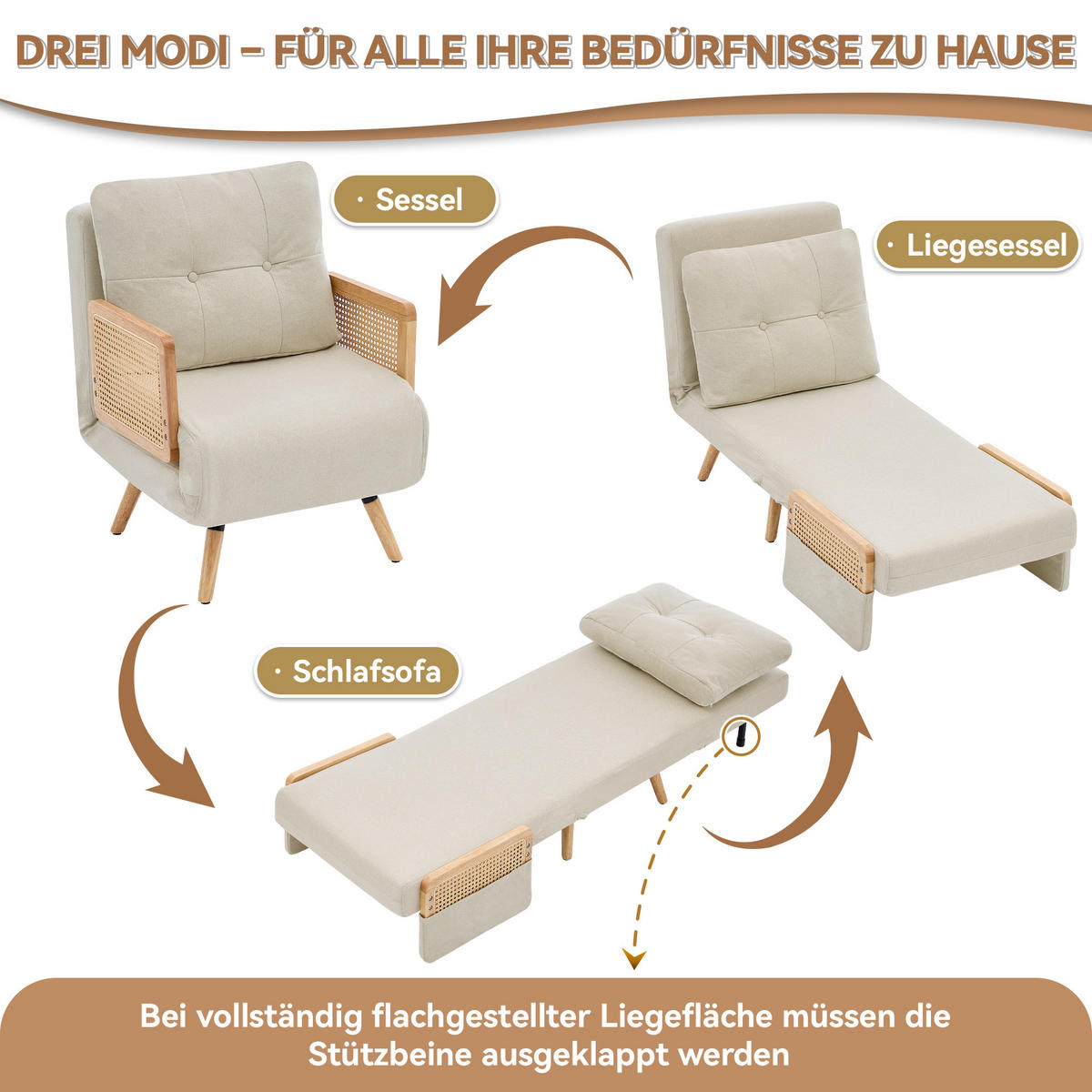 SESSEL Leinen Beige mit Schlaffunktion - Beige, Holz/Holzwerkstoff (67.5/86.5/73cm) - WISHDOR