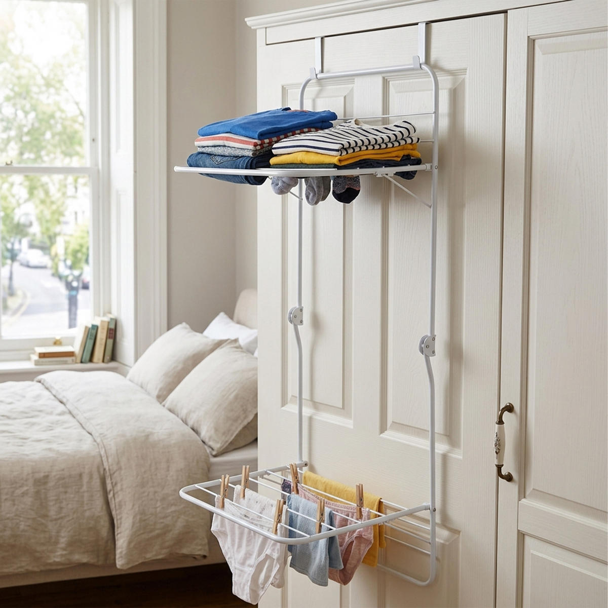 TORKSTÄLLNING vit för dörr 2 fällbara vingar stål 120 cm - Vit, Metall/Plast (51/120/41cm) - Relaxdays