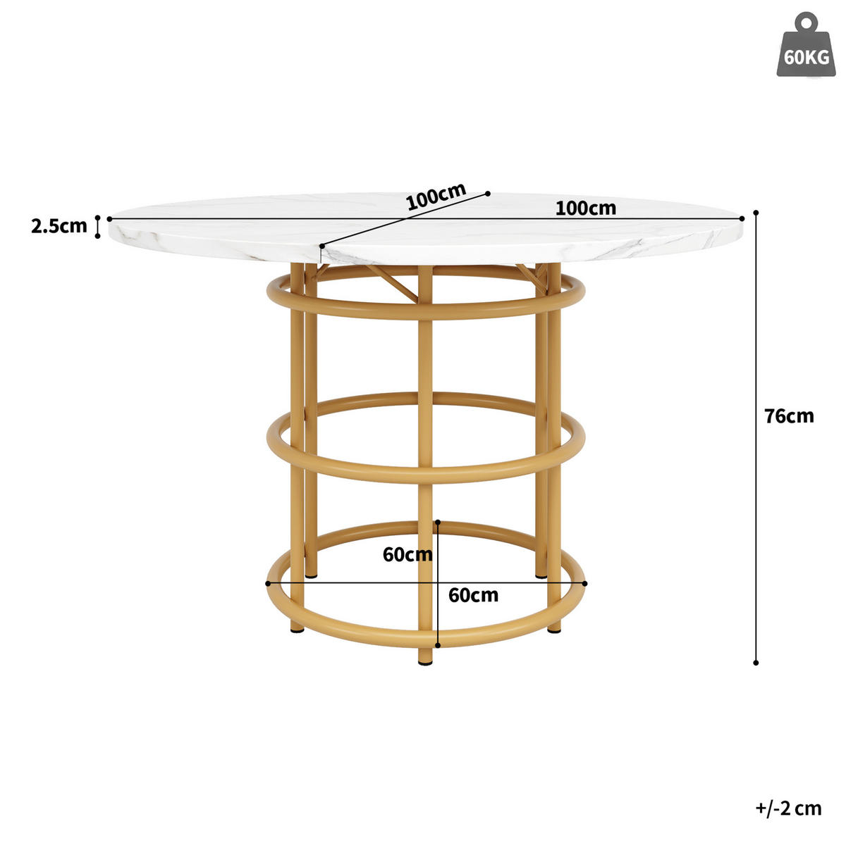 ESSTISCH 100x100x76 cm in Weiß und Gold aus MDF mit Marmoroptik auf goldfarbenem Metallgestell - Goldfarben, Holzwerkstoff (100/100/76cm) - Modfu