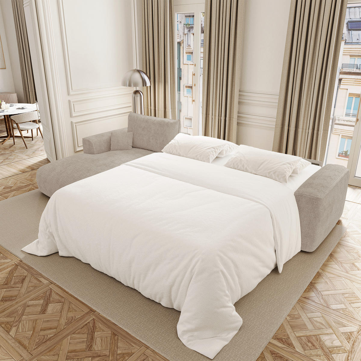 SCHLAFSOFA Express COMO Köpergewebe mit weichem Griff Beige 300cm - Beige, Textil (300/165cm) - Premium Interiors