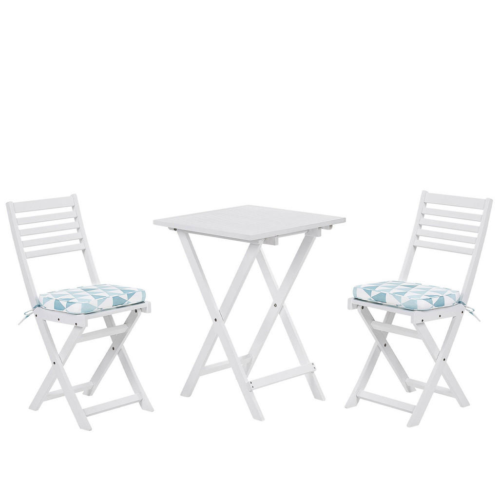 SET DE BALCON cu 2 locuri lemn de salcâm alb perne triunghiuri albastru / alb Fiji