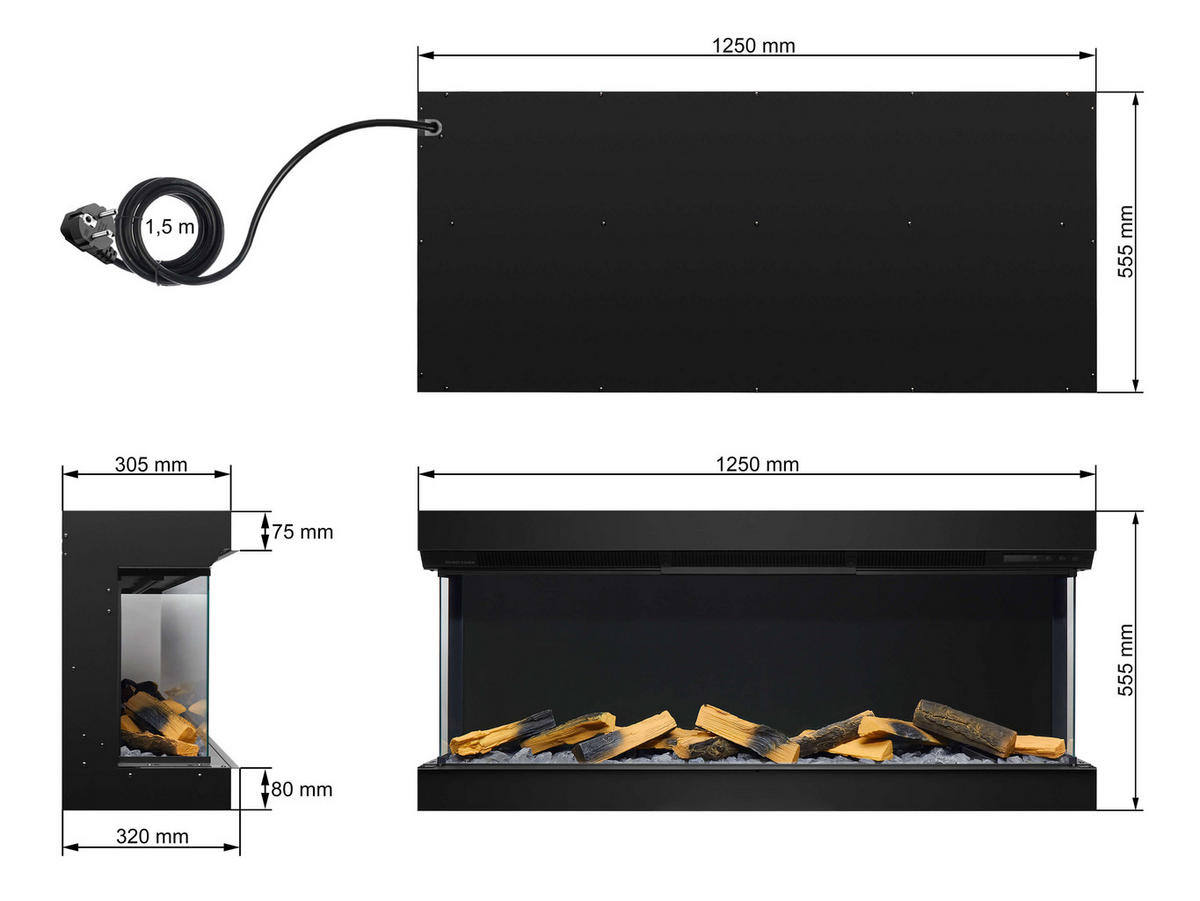 EINBAU-ELEKTROKAMINEINSATZ AF50TS – dreiseitig, Breite 125 cm, 3D-Flammeneffekt, Heizfunktion, WLAN - Schwarz, Glas/Metall (125/55.5/32cm) - ArtiFlame