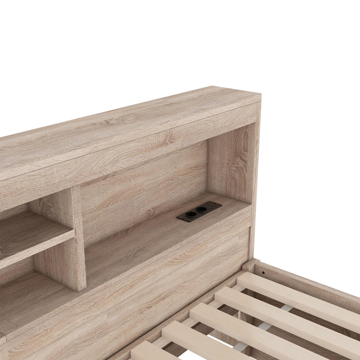 SCHLAFSOFA 90x200cm Natur LED-Licht Bettseite Staufach Ausziehbett USB - Naturfarben, Holz (90/200cm) - FLIEKS
