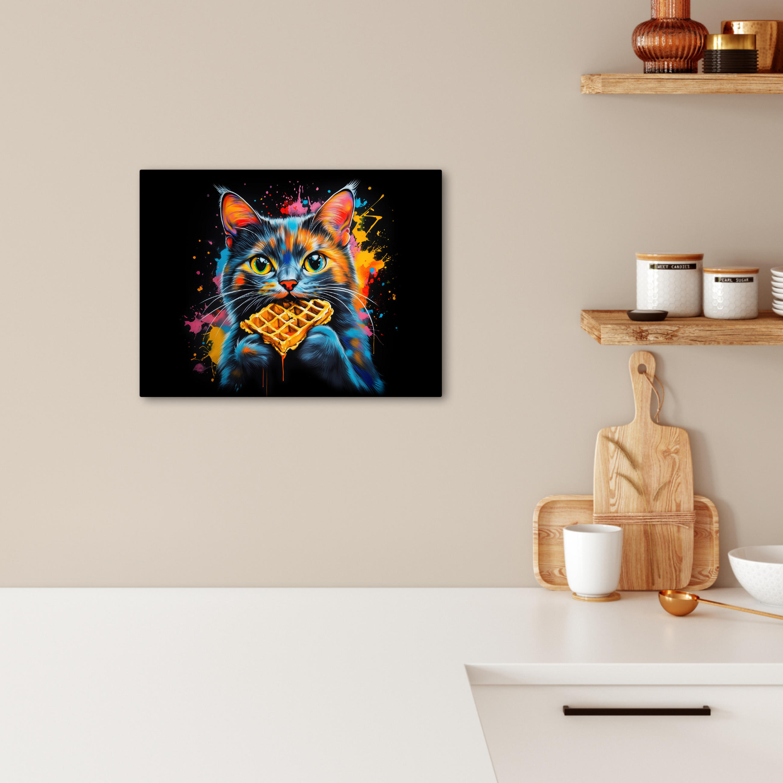 LEINWANDBILD Katze - Graffiti - Bunt - Waffel - Essen 40x30 cm - Türkis, Textil (40/30cm) - MuchoWow