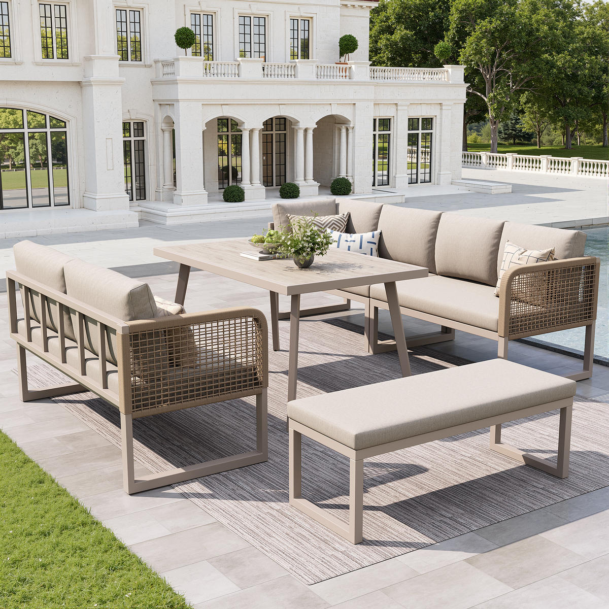 GARTENMÖBELSET für 6-8 Personen mit Sitzkissen & Rückenkisse in Beige - Beige, Metall