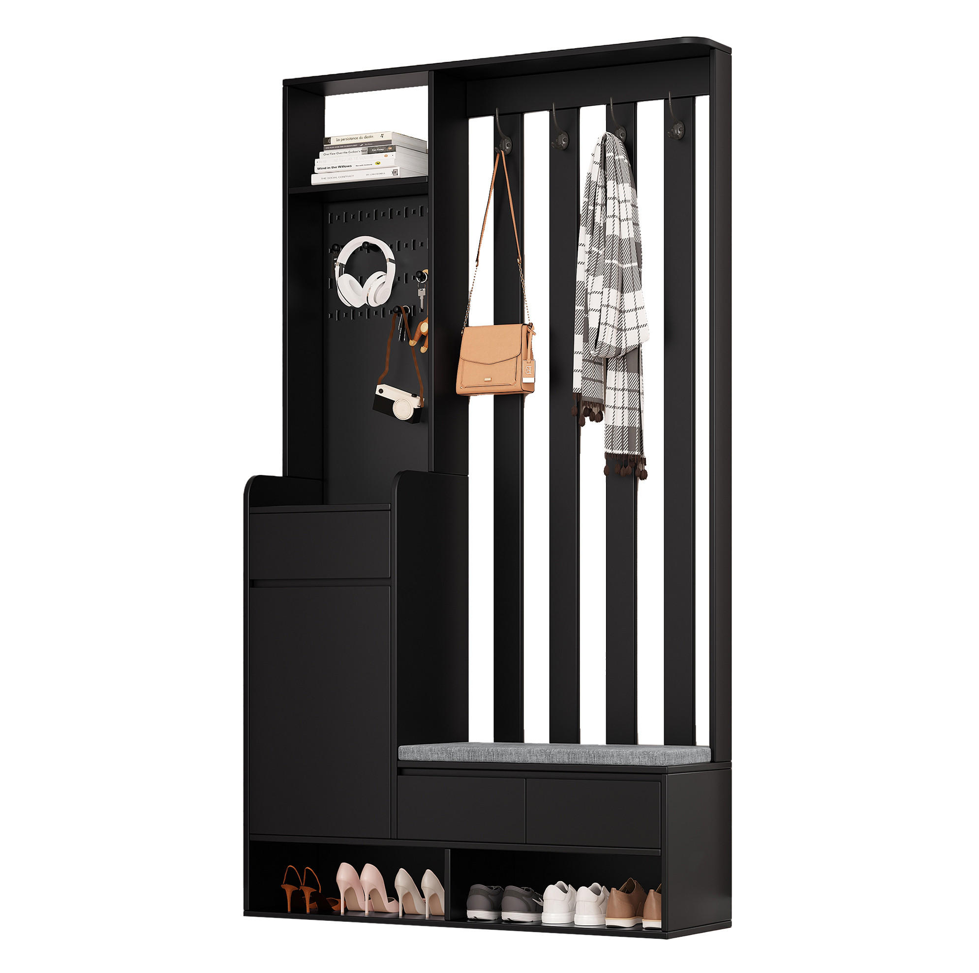 GARDEROBE 100/180/35 cm Schwarz aus MDF mit Sitzbank und Stecktafel - Schwarz, Holzwerkstoff (35/180/100cm) - OKMYHOME