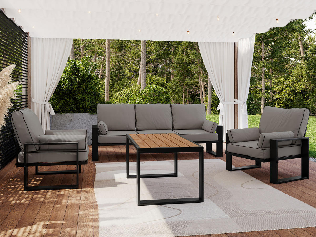 GARTENMÖBEL-SET ELBA:  1x Tisch, 1x Sofa, 2x Sessel - Grau - Grau, Textil - MKS