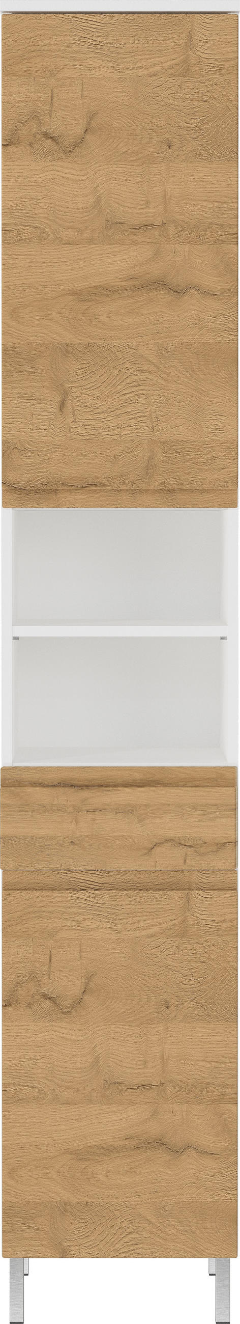HOCHSCHRANK Weiß und Eiche Grandson 34x190x34cm mit Schublade, verstellbaren Fächern und Chromfüßen VEER - Weiß, Holz/Metall (34/190/34cm) - KADIMA DESIGN