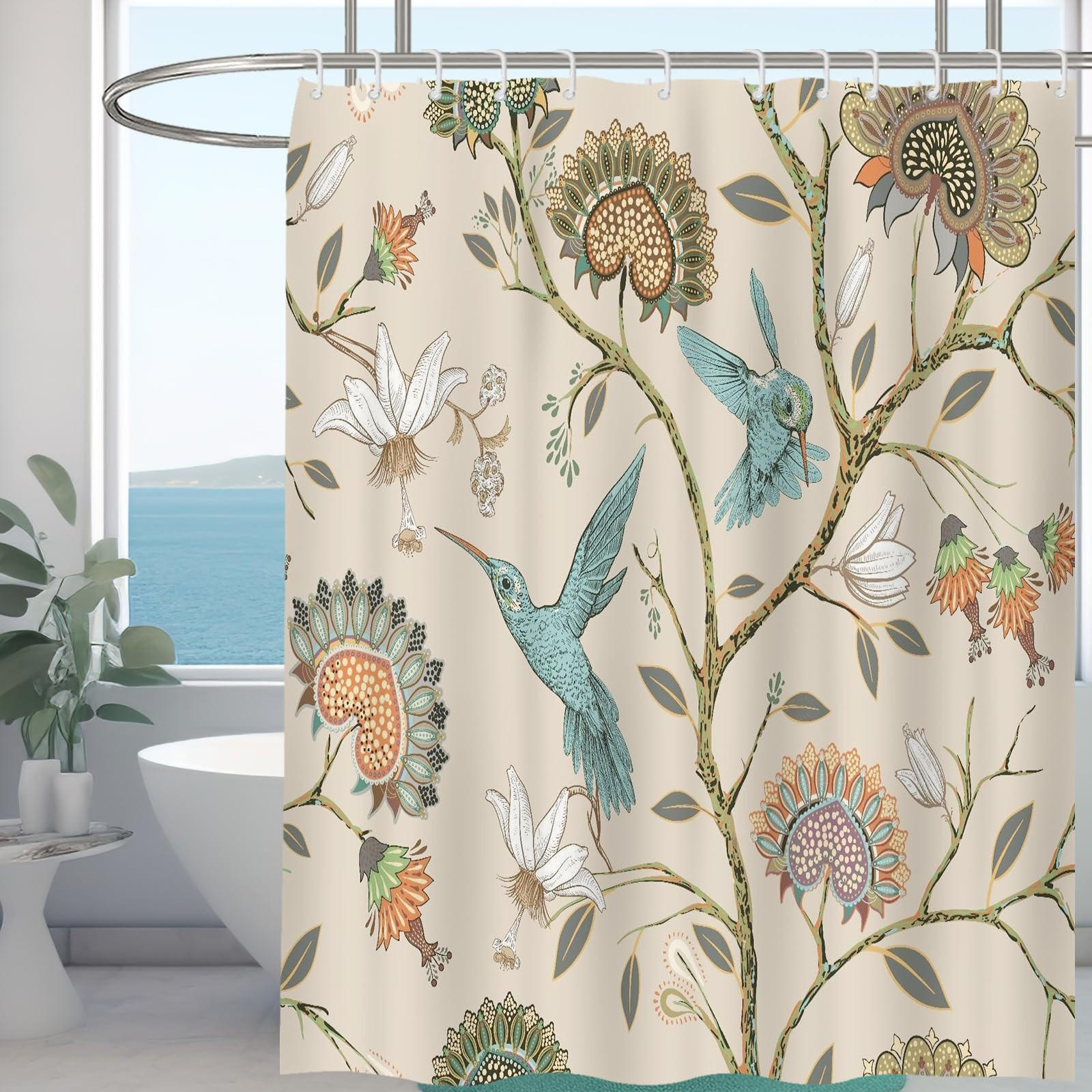 DUSCHVORHANG Weiß floral Blumen und Vögel Muster Polyester wasserdicht schimmelresistent mit Haken - Multicolor, Textil (180/180cm) - MCBOSON