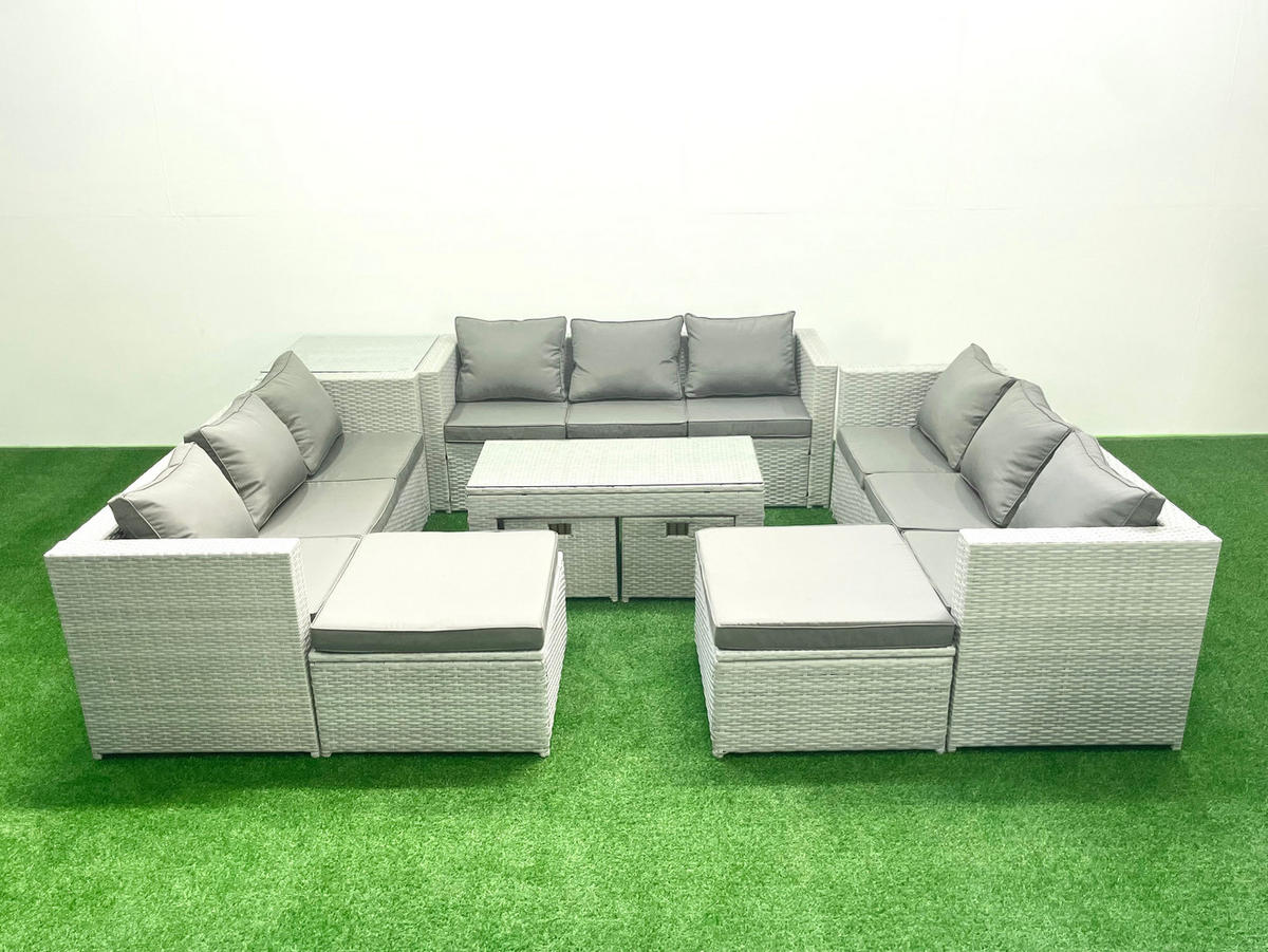 BALKONMÖBEL-SET Polyrattan Hellgrau-Mix 13-teilig - Hellgrau/Grau, Glas/Kunststoff - Fimous