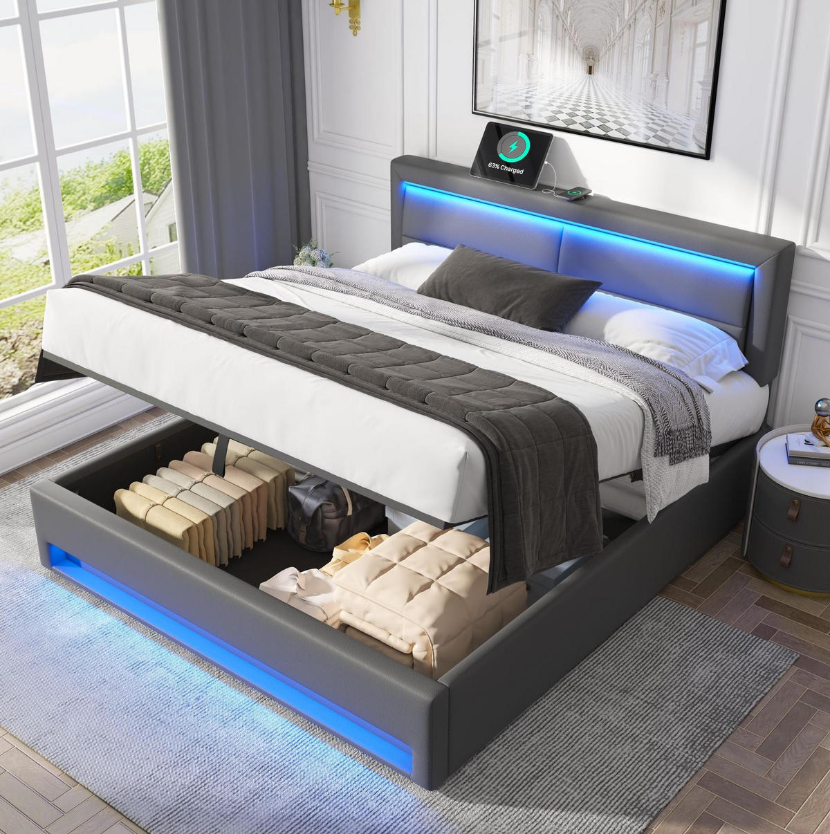 POLSTERBETT 140/200 cm in Grau aus PU mit Stauraum, USB-Ladefunktion und LED - Grau, Kunststoff (140/200cm) - Flora Grace