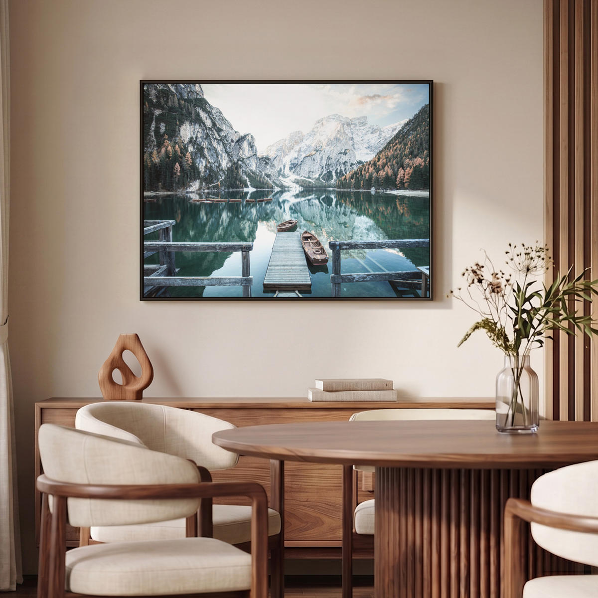 LEINWAND Bilder mit Rahmen - Natur - Berge - Schnee - Wald - Boot - 100x70 - Hellgrün, Textil (100/70cm) - MuchoWow
