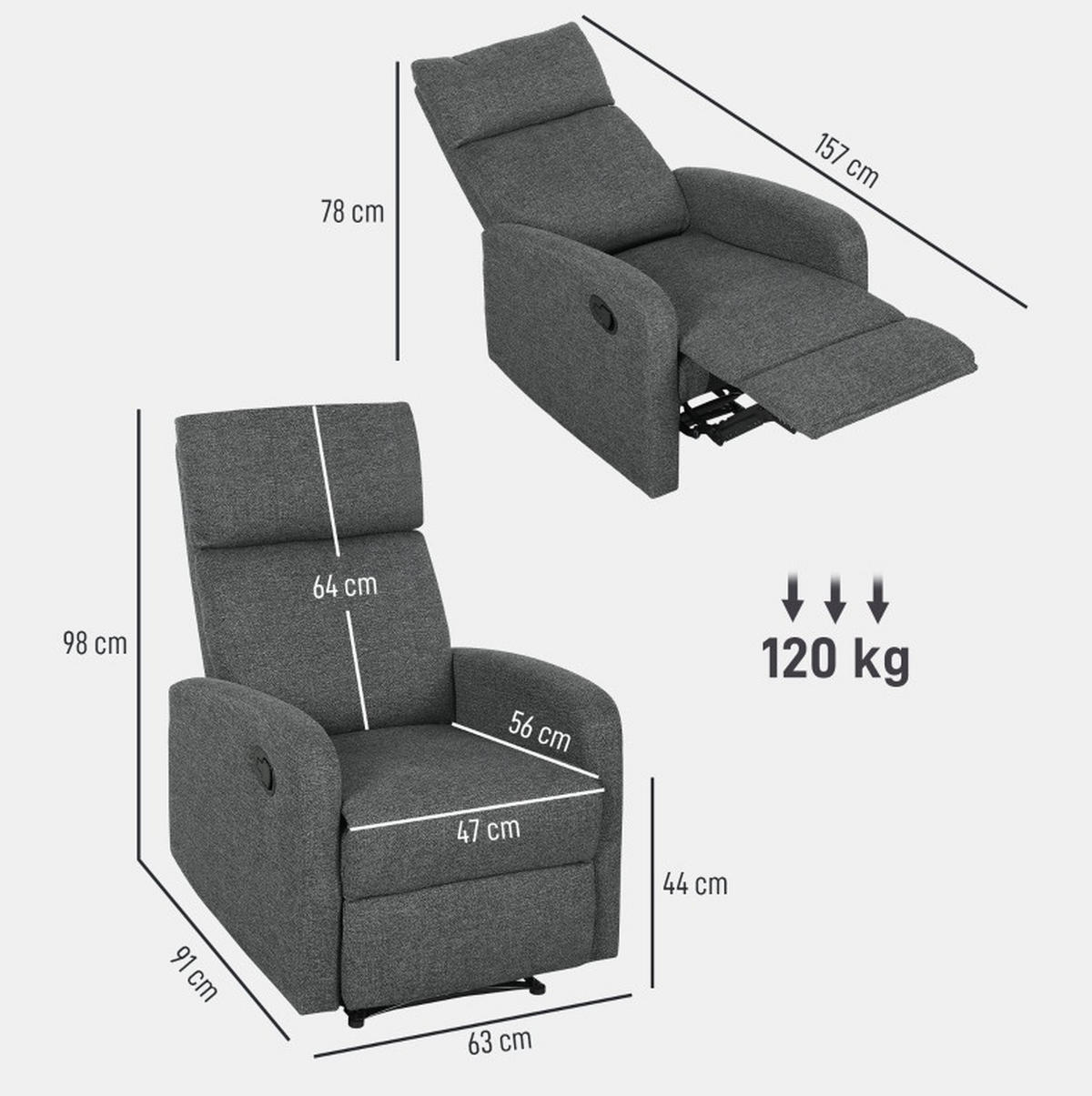 RELAXSESSEL 63/98/91 cm Dunkelgrau aus Polyester mit manuell verstellbarer Rückenlehne - Dunkelgrau, Textil (63/98/91cm) - OKMYHOME