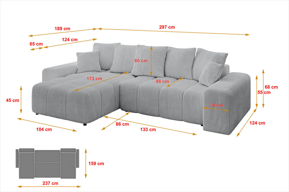 ECKSOFA Ottomane links ENIL-L 297x189x68 Grau Cord - Grau, Holzwerkstoff/Kunststoff (297/189cm) - ALTDECOR