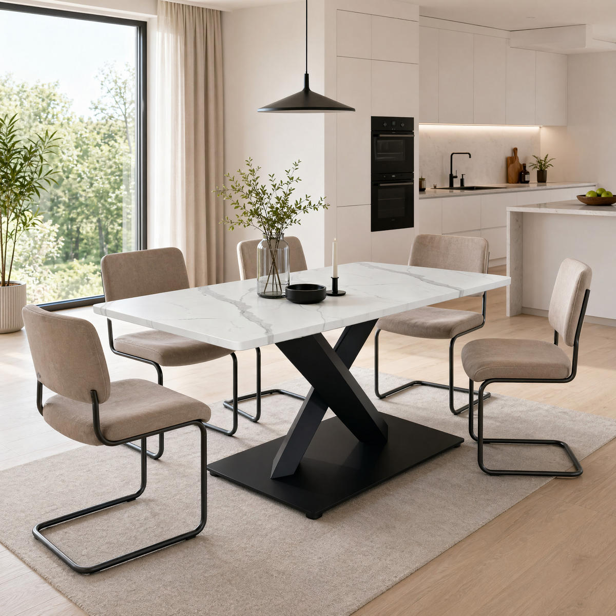 ESSTISCH in Weißer Marmor X-Form Küchentisch für 6-8 Personen, B120/T80/H75 cm - Schwarz/Weiß, Holzwerkstoff/Metall (160/80/75cm) - STILVORA