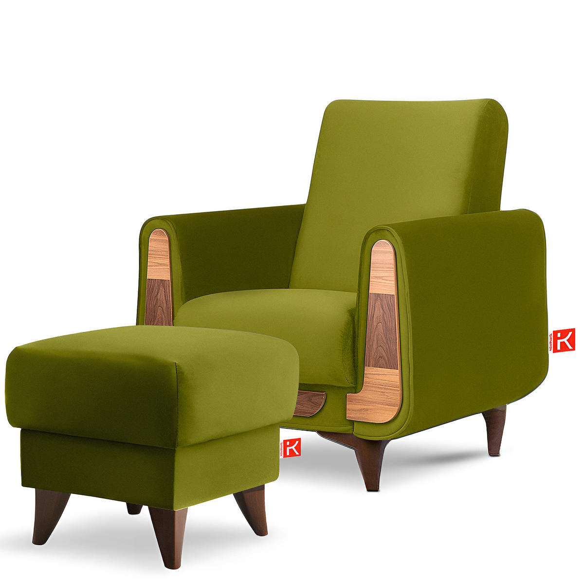 HOCKER GUSTAVO Fußstütze, Velours, Olivgrün - Olivgrün, Holz/Holzwerkstoff (53/49/53cm) - KONSIMO®