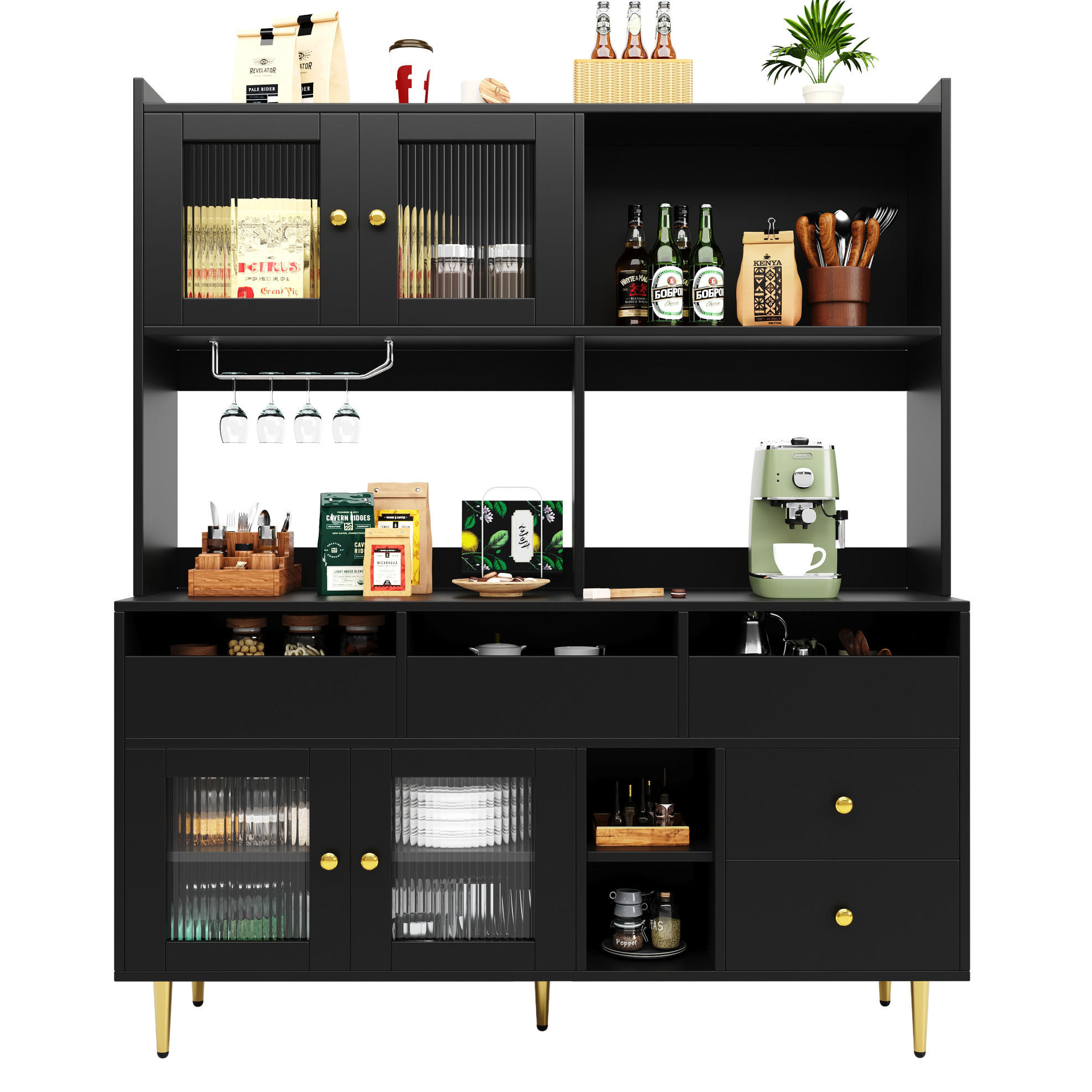 SIDEBOARD 145/39/171 cm schwarz aus MDF mit Glastüren und Weinregal - Schwarz, Holzwerkstoff (39/171/145cm) - OKWISH