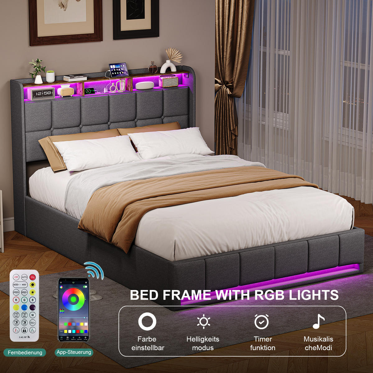 POLSTERBETT 140x190cm Grau Leinen Pneumatik LED USB-C - Grau, Metall - SHOPENTRA