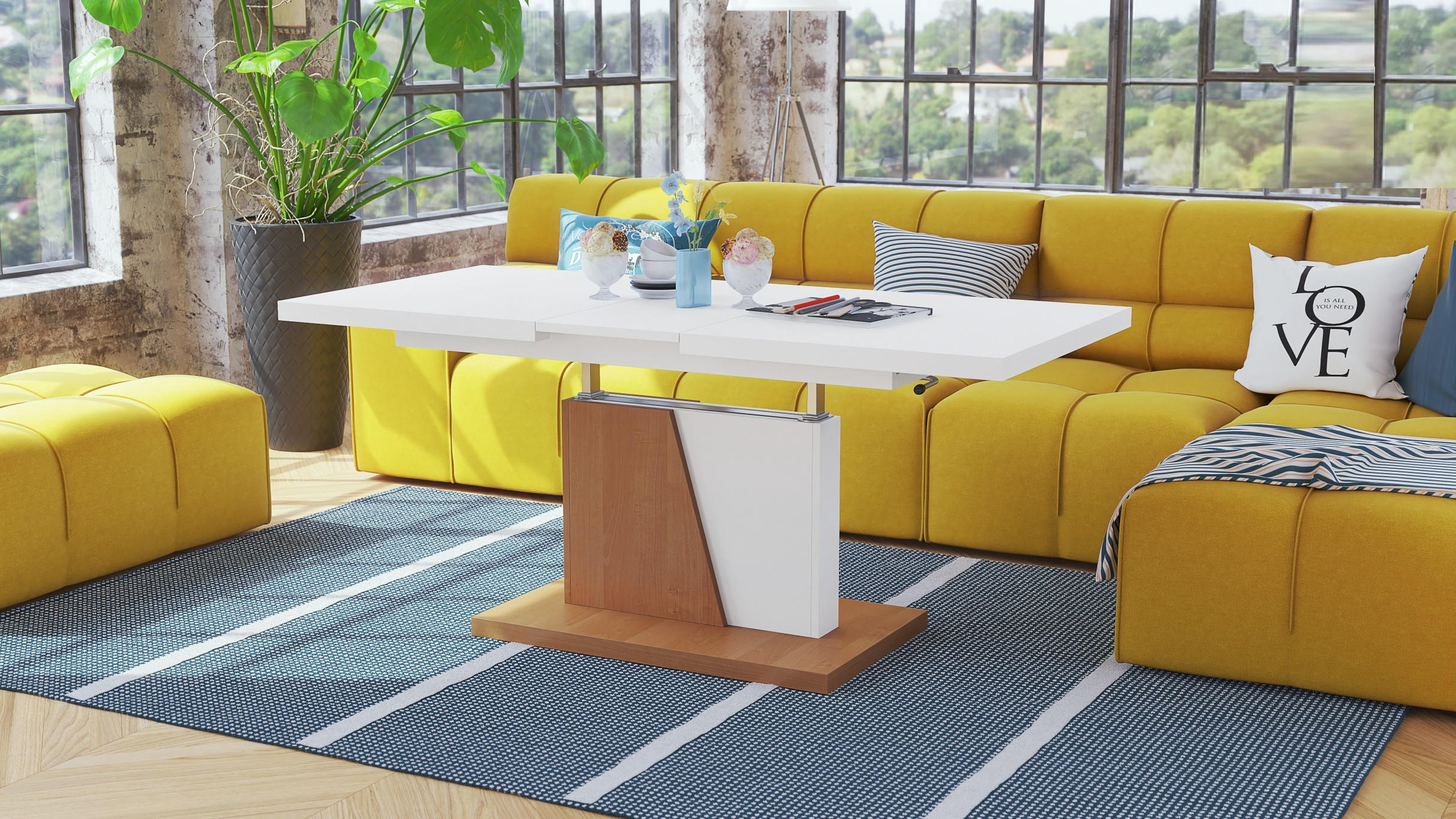 COUCHTISCH rechteckig Weiß matt Erle ausziehbar höhenverstellbar - Erlefarben/Weiß, Holzwerkstoff (70/120/60cm) - designimpex