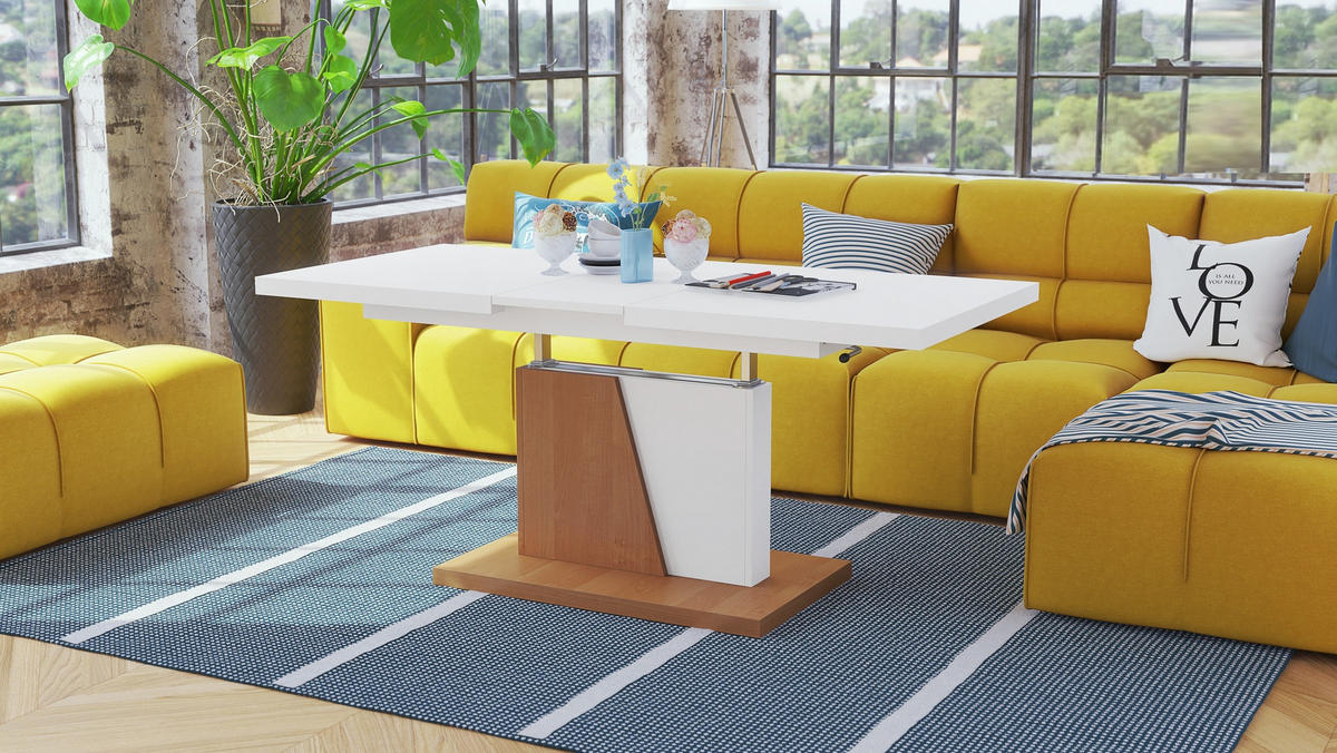 COUCHTISCH rechteckig Weiß matt Erle ausziehbar höhenverstellbar - Erlefarben/Weiß, Holzwerkstoff (70/120/60cm) - designimpex