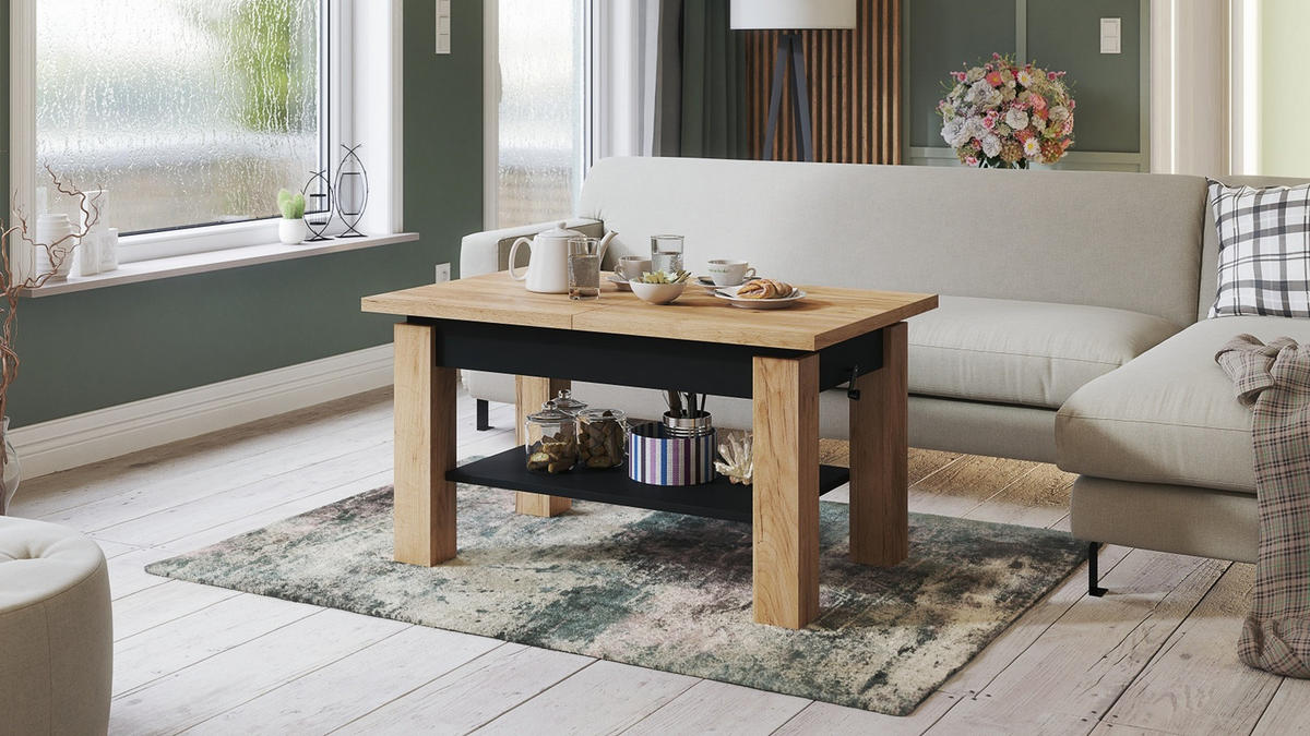 COUCHTISCH rechteckig Eiche Gold - Schwarz ausziehbar höhenverstellbar - Eichefarben/Schwarz, Holzwerkstoff (68/110/59cm) - designimpex