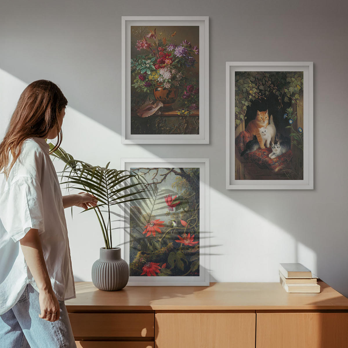WANDBILDER 3er-Set - 40x60 cm Weißer Rahmen - Vintage-Blumen, Katzen, Natur - Weiß, Kunststoff (40/60cm) - ArtPrintCave