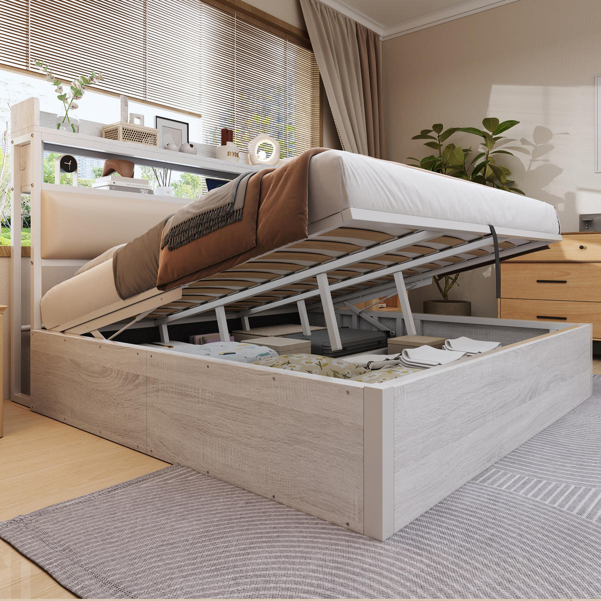 BETT 180/200 cm mit Stauraum und USB-Anschlüssen im Vintage-Design - Weiß, Metall (180/200cm) - OKWISH