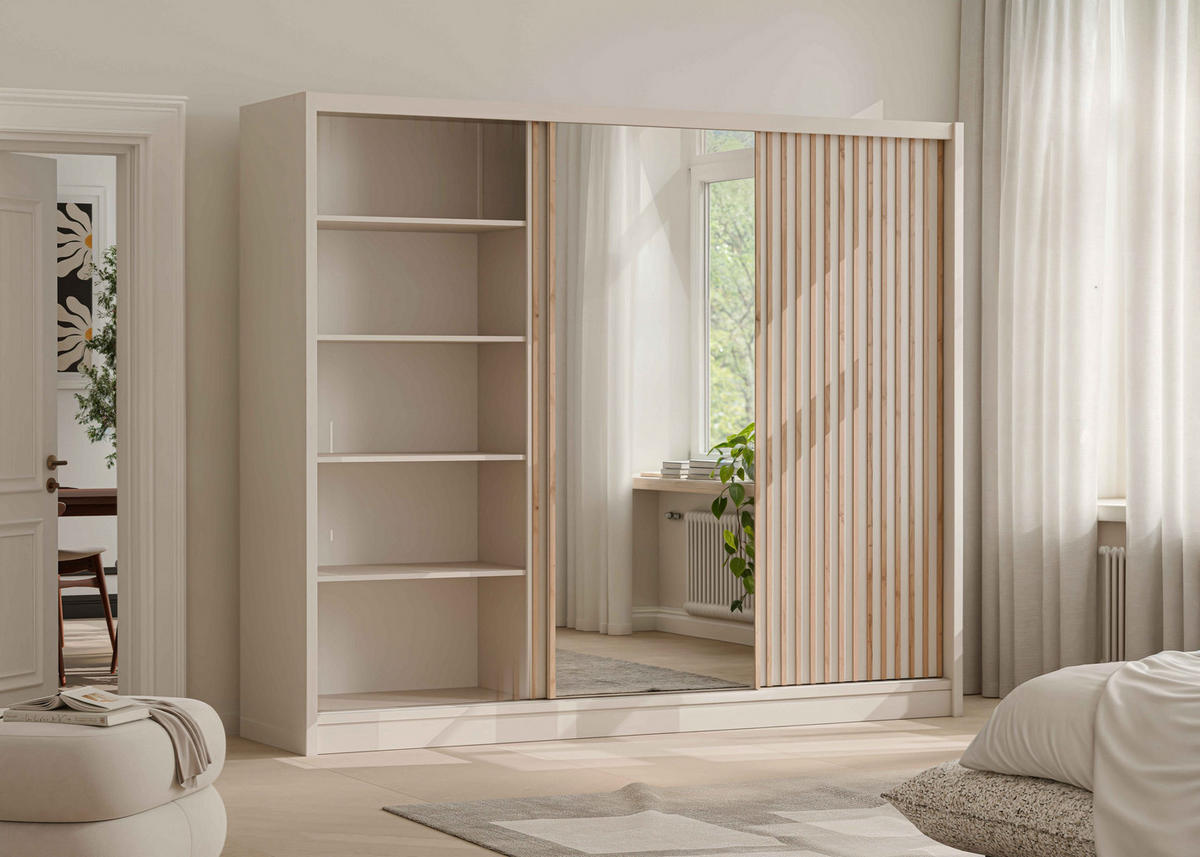 SCHWEBETÜRENSCHRANK SORA 250/215/60,5 cm 3-türig mit Spiegel Kaschmir - Kaschmir, Holzwerkstoff (250/215/60.5cm) - MASSENO