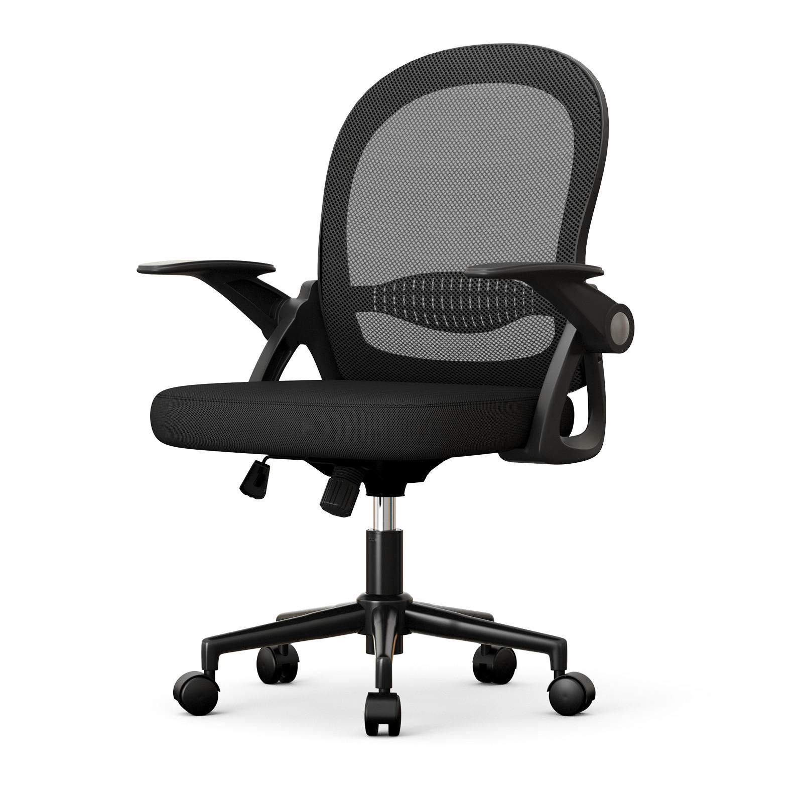 BÜROSTUHL ergonomisch, mittelhohe Rückenlehne, klappbare Armlehnen, Lendenstütze – Schwarz - Schwarz, Metall (56/98/56cm) - Rattantree