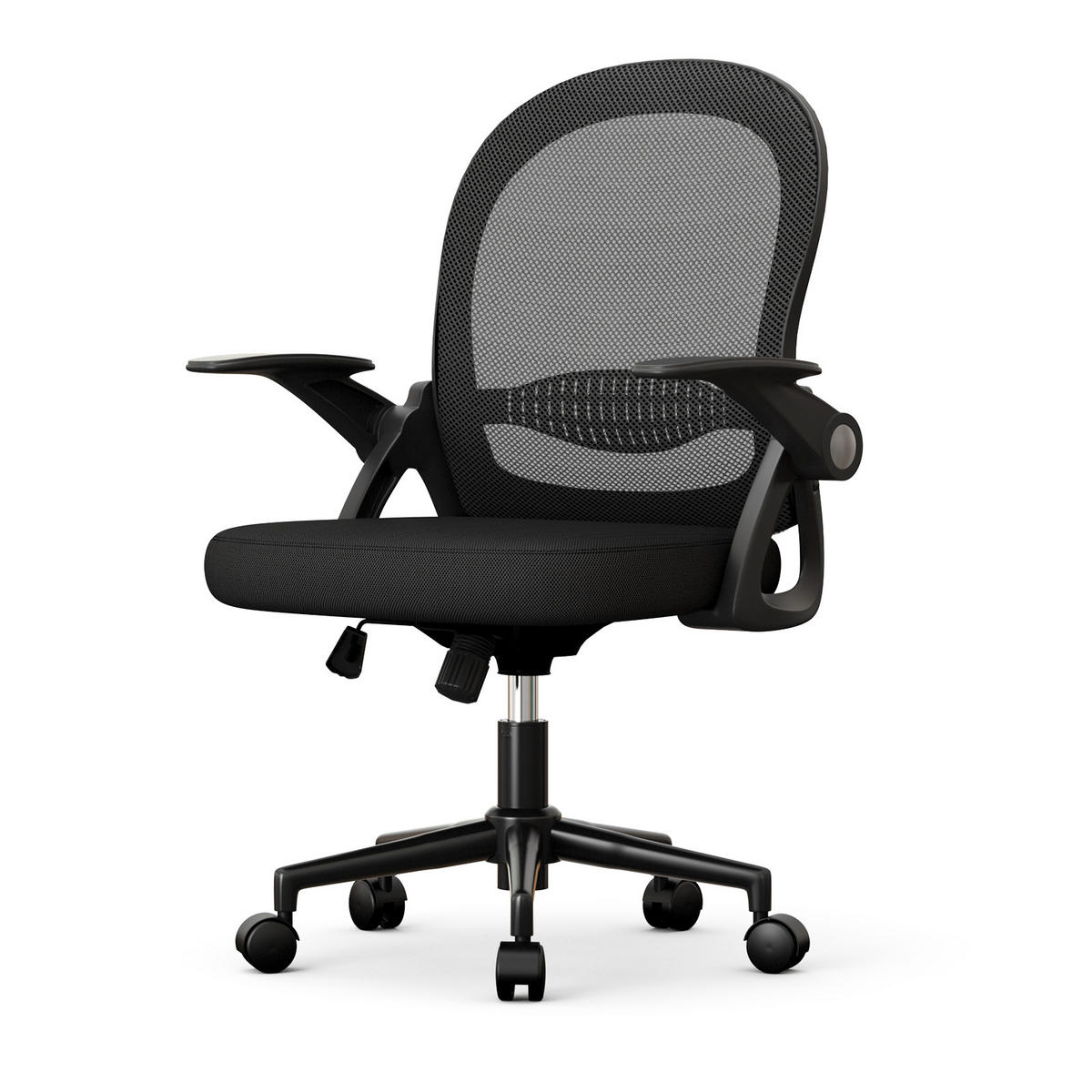 BÜROSTUHL ergonomisch, mittelhohe Rückenlehne, klappbare Armlehnen, Lendenstütze – Schwarz - Schwarz, Metall (56/98/56cm) - Rattantree