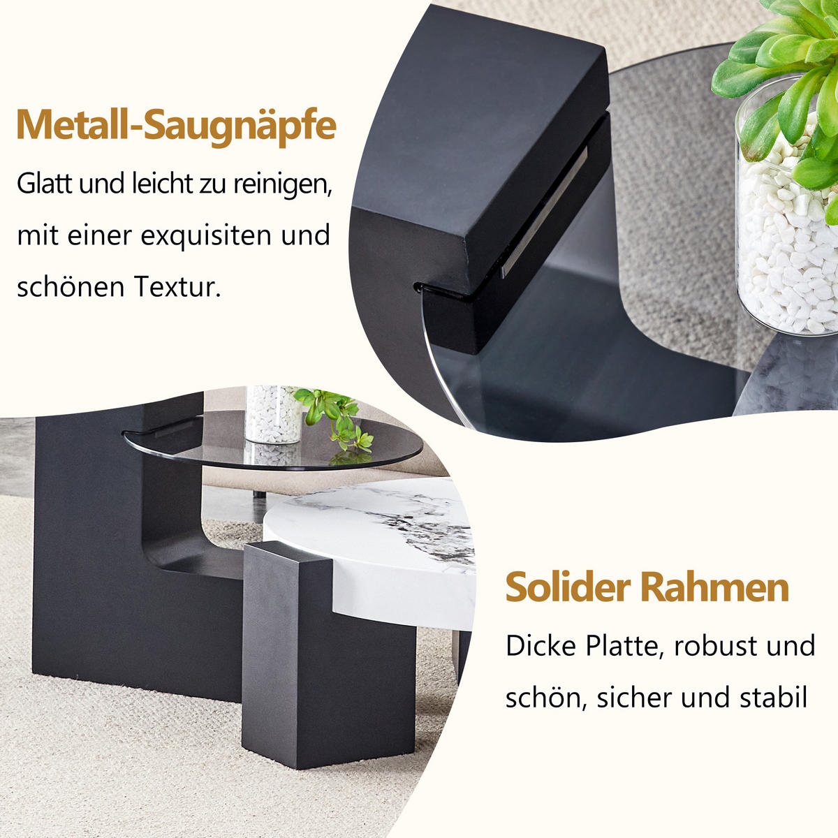 BEISTELLTISCH 61/30 cm in Weiß/Schwarz mit Marmor-Optik und Glasplatte - Schwarz, Holzwerkstoff (61/61/30cm) - Flora Grace