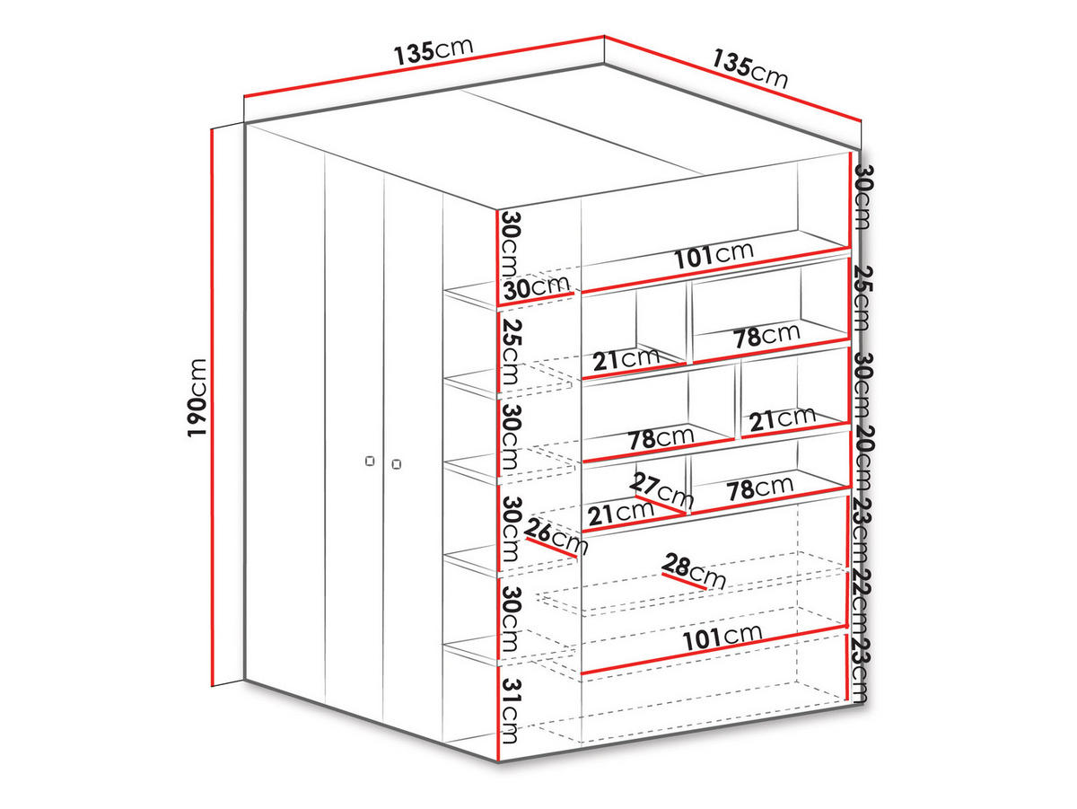 ECKKLEIDERSCHRANK Planet 01 L / P - Eichefarben/Schwarz, Holzwerkstoff (135/190/135cm)