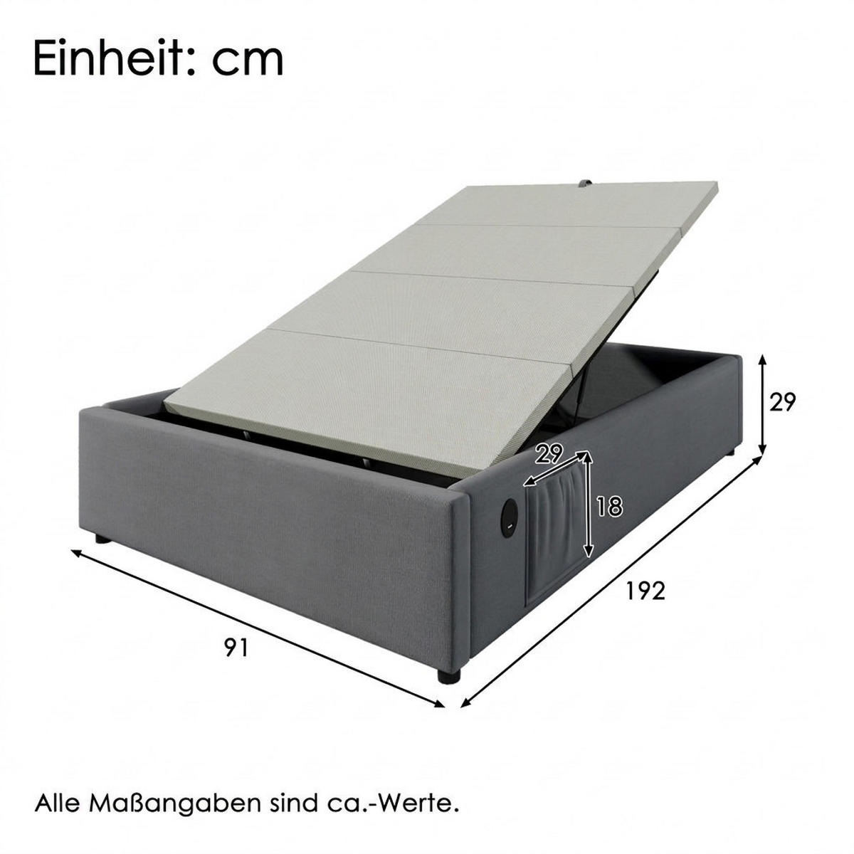 POLSTERBETT 90/190 cm Grau mit USB- C, Ohne Kopfteil - Grau, Textil (90/190cm) - Oxeza